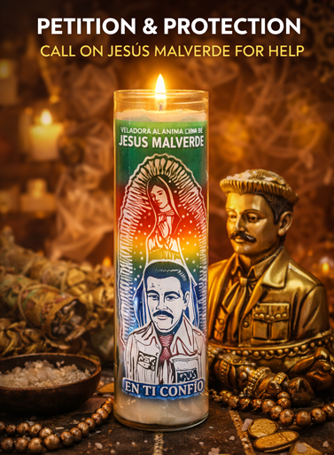 Jesus Malverde with Virgin Screened Candle
